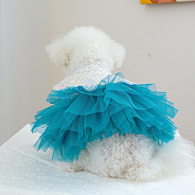 Fashion Sweet Puppy Dog Blingbling Princess Skirt Pet Dog Lace Cake Camisole Tutu Dress B-Blue L