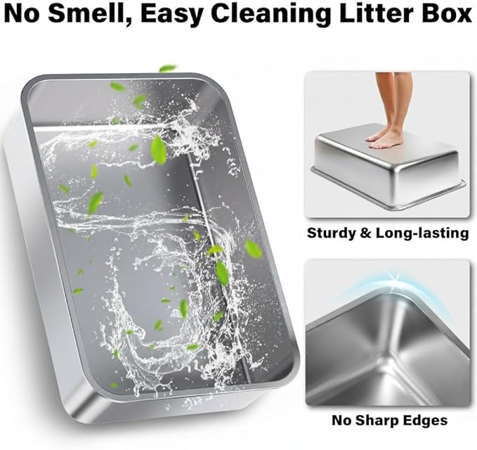 XL Stainless Steel Litter Box 2 Pack, 24x16x12 Inches Extra Large High Sided Metal Cat Litter Box with Lid, Easy Clean, Non Stick & No Smell