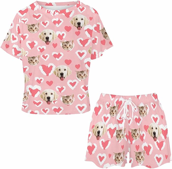 D-Story Custom Short Pajama Set with Pet Face Personalized Photo Sleepwear 2 Pieces Pjs Nightwear Xmas Gift for Women