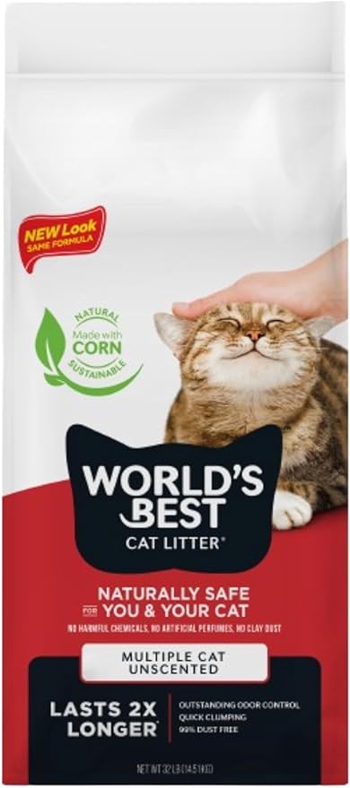 WORLD'S BEST CAT LITTER Multiple Cat Unscented, 32-Pounds - Natural Ingredients, Quick Clumping, Flushable, 99% Dust Free & Made in USA - Long-Lasting Odor Control & Easy Scooping