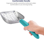 WePet Cat Litter Scoop, Aluminum Alloy Sifter, Kitty Metal Scooper, Deep Shovel with Diagonal Sifting Hole, Long Handle, Kitten Poop Lifter for Litter Box, Medium Size, Turkish Blue Handle