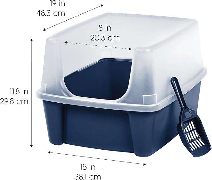 IRIS USA High Sided Cat Litter Box with Scatter Shield and Scoop, Open Top Cat Litter Pan, Navy