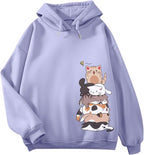 Tuislay Cute Cat Graphic Hoodies for Teen Girls Kawaii Cartoon Printed Hoodie Women Anime Print Hooded Sweatshirt Pullover