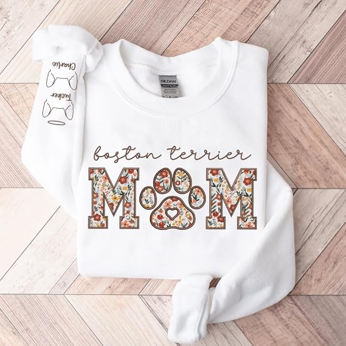 CHILLEVER Personalized Embroidered Dog Mom Sweatshirt, Dog Mama Crewneck, Gift for Mom, Pet Name On The Sleeve