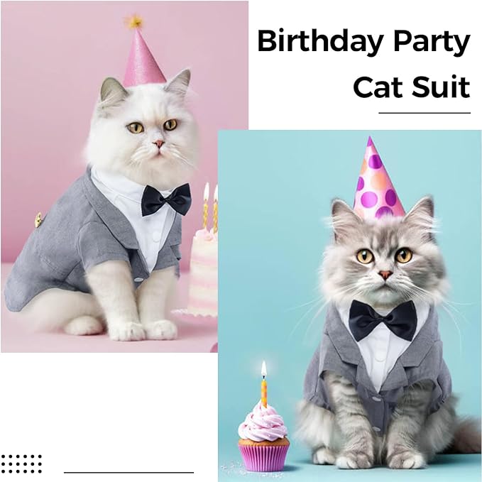 DENTRUN Cat Tuxedo Outfit, Sphynx Cat Costume Formal Suit with Bow Tie, Stylish Cat Shirt Fashion Apparel Fancy Clothes, Kitten Formal Attire Wedding Onesie Costume for Cats Only