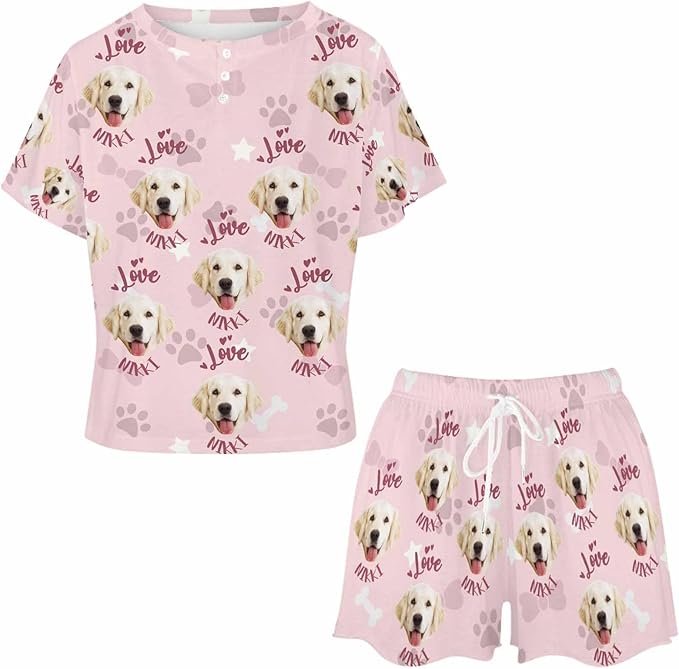 Custom Short Pajamas Set with Face Photo Women‘s Sleepwear Tee Personalized PJ Short Loungewear Set fot Her