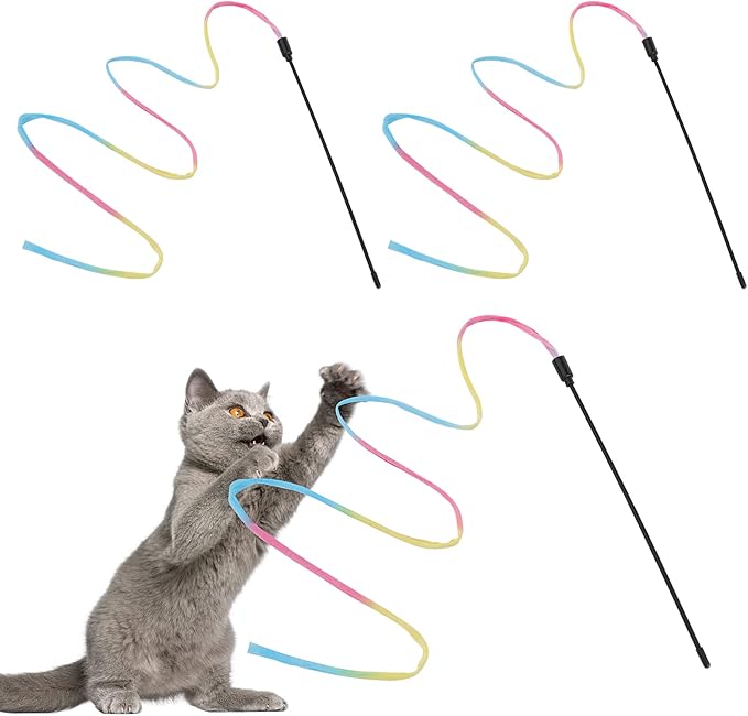 Cat Wand Rainbow Toy, 3pcs Rainbow Ribbon Cat Wand for Kittens Training Rainbow Ribbon Cat Interactive Catcher Wand Stick Toy for Kitten Cat Indoor Exerciser Playing(30cm)