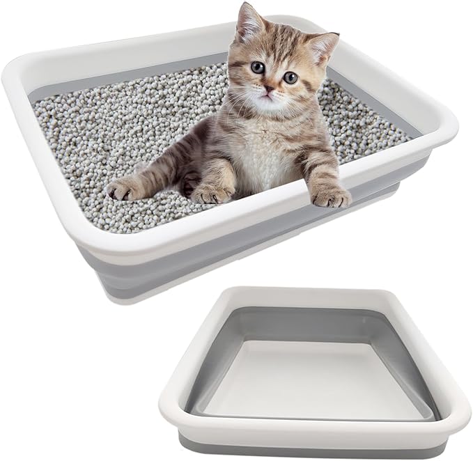 2 Pack Collapsible Small Cat Litter Box, Open Kitten Litter Potty Pan Low Entry Pet Kitty Toilet Foldable Waterproof Travel Toilet for Sick Frail Kitty 14.6 x 10.6 x 4.8 inches Grey