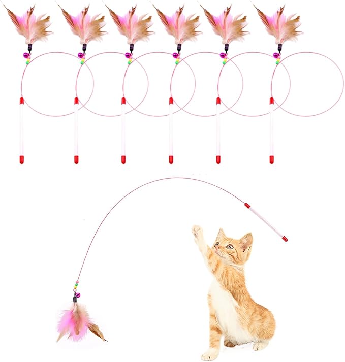 6 Pack Cat Feather Toy, Interactive Pet Kitten Chaser Teaser Wire Wand with Bell Beads for Cat Exercise Play Fun Gifts - Wholesale