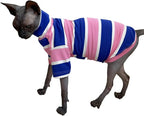 Vintage Stripes Sphynx Hairless Cats Shirt Cotton Cat Turtleneck Pet Clothes Kitten T-Shirts with Sleeves for Sphynx Cats (Wide Pink Blue Stripe, X-Large)