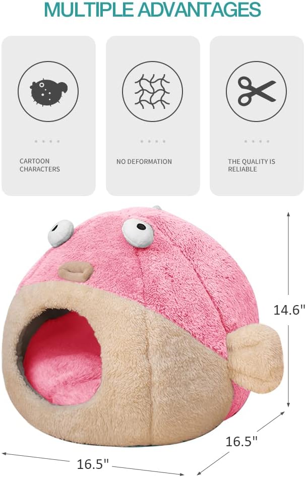 Cat Beds for Indoor Cats - Cat Bed Cave with Removable Washable Cushioned Pillow, Soft Plush Premium Cotton No Deformation Pet Bed, Lively Pufferfish cat House Design, Pink, Multiple Sizes
