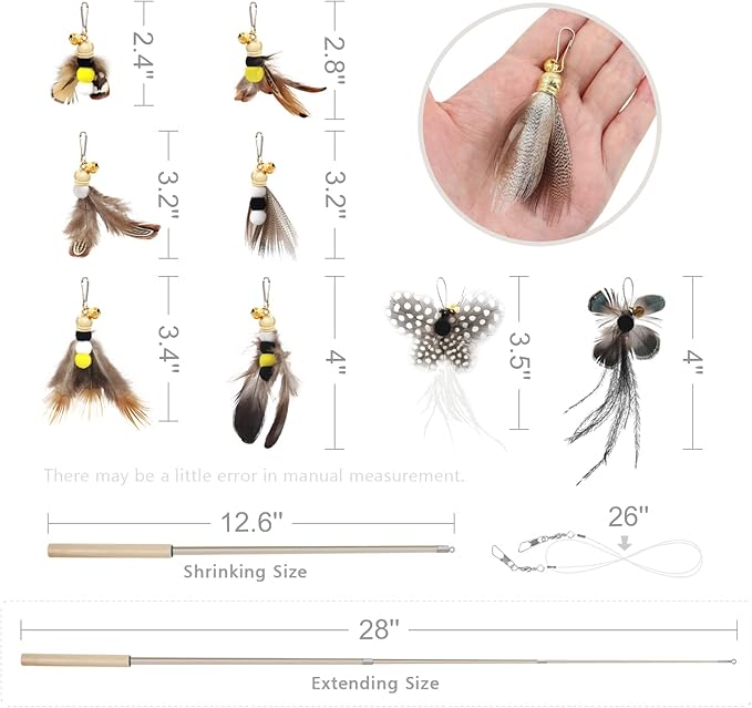 SONGWAY Cat Teaser Wand Toy - 9 Piece Retractable Set, Insect Worm Replacement Teaser with Bell, Interactive Cat Toy for Indoor Kittens