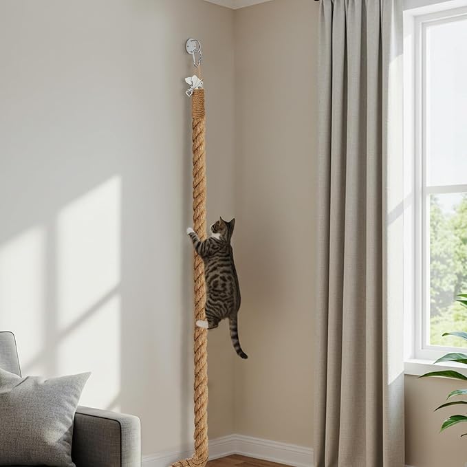 Weysat 1.97'' x 6.7 ft Cat Climbing Jute Rope with Hook Ceiling Wall Mounted Kitten Scratching Post Climbing Rope Toy for Indoor Outdoor Cats