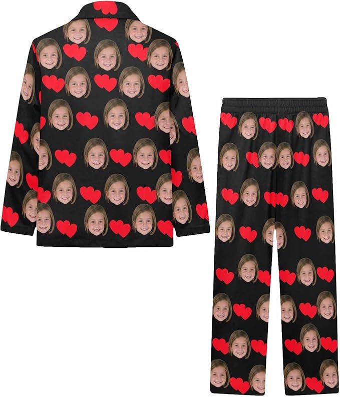 Artsadd Girls Pajamas Set Custom Face Pet Photo Long Sleeve Sleepwear Personalized Printed V-Neck Button-up Pants Nightwear