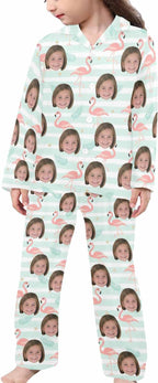 Artsadd Girls Pajamas Set Custom Face Pet Photo Long Sleeve Sleepwear Personalized Printed V-Neck Button-up Pants Nightwear