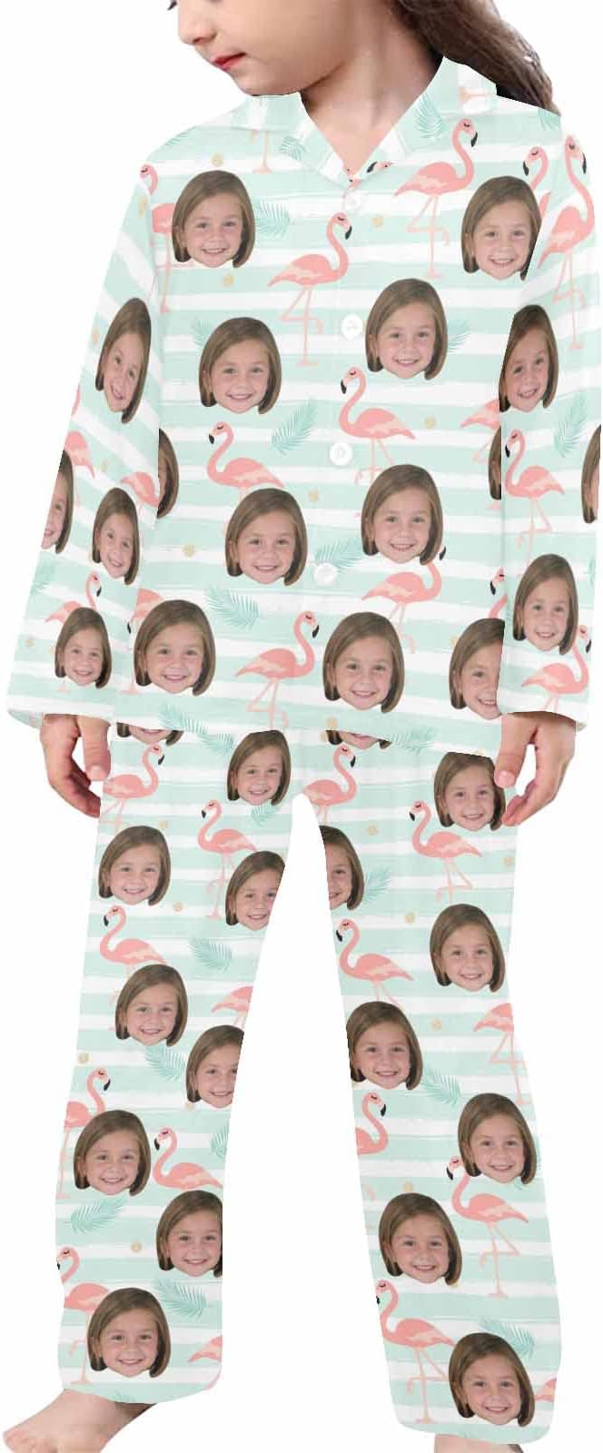Artsadd Girls Pajamas Set Custom Face Pet Photo Long Sleeve Sleepwear Personalized Printed V-Neck Button-up Pants Nightwear