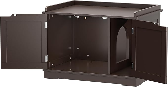 ZENY Cat Litter Box Enclosure Furniture Hidden, Wooden Cabinet with Divider, Modern Cat Washroom Storage Bench，Fit Most of Litter Box, Brown