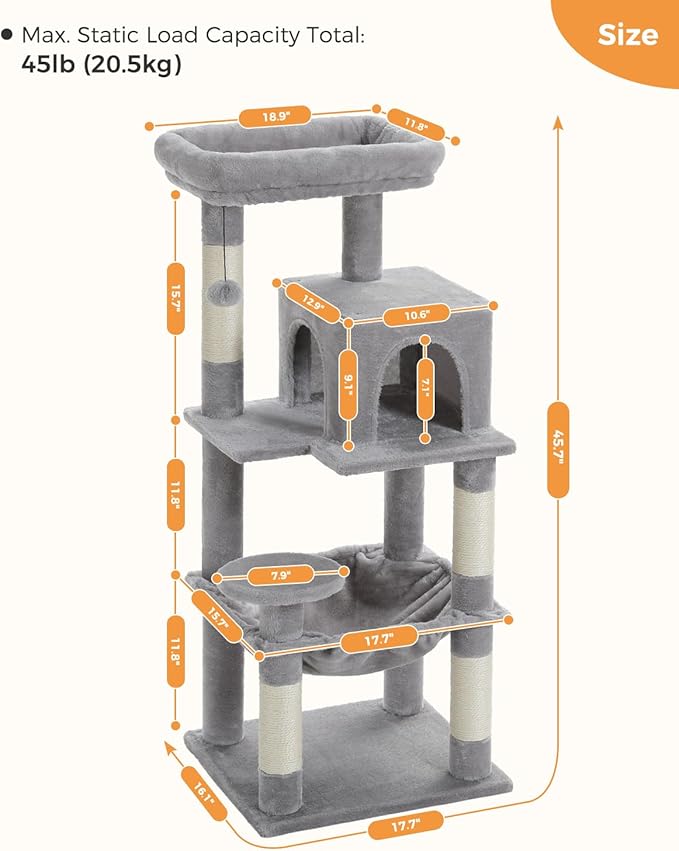 Cat Tree for Indoor Cats, 45.7" Multi-Level Cat Tower with Large Metal Frame Hammock, Cat Condo with 4 Scratching Posts and Top Perch for Small Medium Kitty, Grey