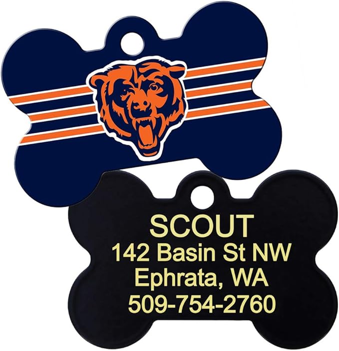 GoTags Personalized Chicago Bears Dog Tag, Brass Metal Bone Shape Pet ID Tag Engraved with Name and Custom Text, Every NFL Football Team Pet Apparel (Large)