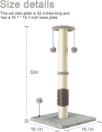 PEEKAB 32" Tall Cat Scratching Post Sisal Scratch Posts with Hanging Ball and Self-Massage Brush Vertical Scratcher for Indoor Cats and Kittens Light-Gray 32inches