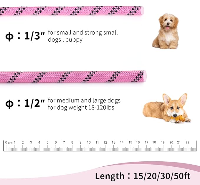 Long Dog Leash for Training 20Ft-Reflective Nylon Rope with Swivel Hook-Recall Agility Lead for Large Small Medium Dogs Outside Walking Hiking-Pink