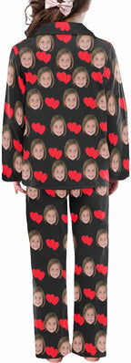 Artsadd Girls Pajamas Set Custom Face Pet Photo Long Sleeve Sleepwear Personalized Printed V-Neck Button-up Pants Nightwear