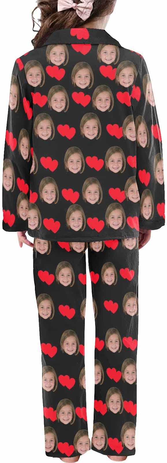 Artsadd Girls Pajamas Set Custom Face Pet Photo Long Sleeve Sleepwear Personalized Printed V-Neck Button-up Pants Nightwear