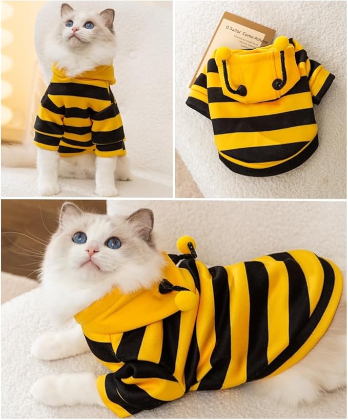 Selena Cat Bee Antennae Costume Hoodies Cute Bee Stripes Dog Kitten Puppy Pet Apparel (Medium,Yellow&Black)