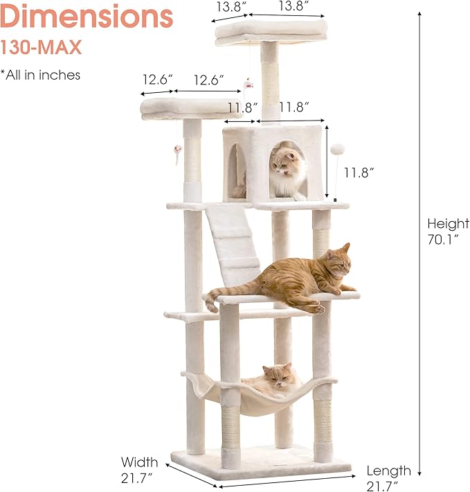 MWPO 70.1-Inch Large Cat Tree, Multi-Level Tall Cat Tower for Indoor Cats, Plush Cat Condo with Big Padded Perches, Sisal-Covered Scratching Posts, Hammock, Toys for Kittens & Cats - Beige