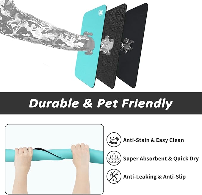 Dog Food Mat - Absorbent Cat Mat for Food and Water, No Stains Pet Feeding Bowl Mat, Easy to Clean Pet Placemats, Quick Dry Dog Water Dispenser Mat for Messy Drinkers | Paw Teal 18"x34"