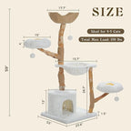 59" Modern Cat Tree Tower for Large Cats w/2 Flower Perches-Natural Solid Wood Scratching Post with Real Branch-Luxury Boho Cat Furniture w/Condo & Wicker Basket Bed, Cloud White