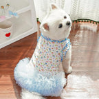 Floral Puppy Dress with D-Ring Ruffled Small Dog Clothes Female Spring Cat Outfit Sleeveless Pet Princess Skirt Cute Dogs Tutu Dresses (Blue, Medium)