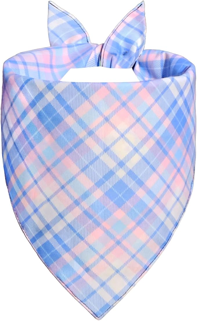 Spring Floral Dog Bandana for Large X-Large Dogs, Reversible 2 Patterns in 1 - Wildflower & Plaid Scarf, Summer Decorative Pet Bib for Girl Pups (18-23" Neck)