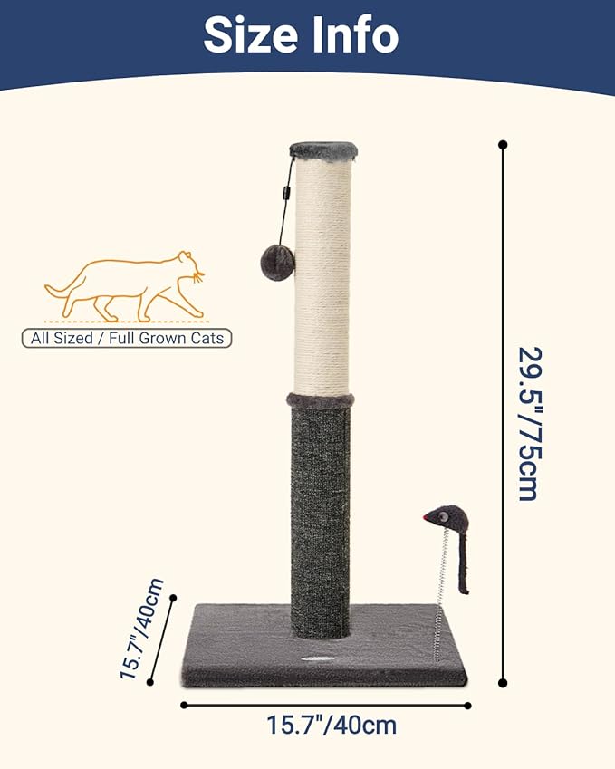 Happi N Pets 29.5" Tall Cat Scratching Post, Cat Scratcher for Indoor Cats, Sisal Scratch Post & Carpet Post in One, Stable Cat Scratch Post with Two Toys, Extra Free Toy, Smokey Gray