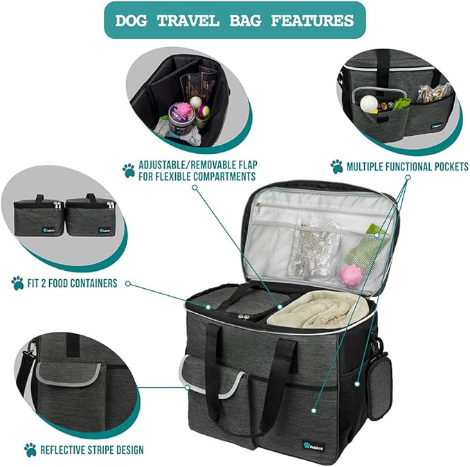 PetAmi Dog Travel Bag - Organizer with Food Container and Bowls, Supplies for Weekend Camping, Cat Diaper Bag (Charcoal, Large)