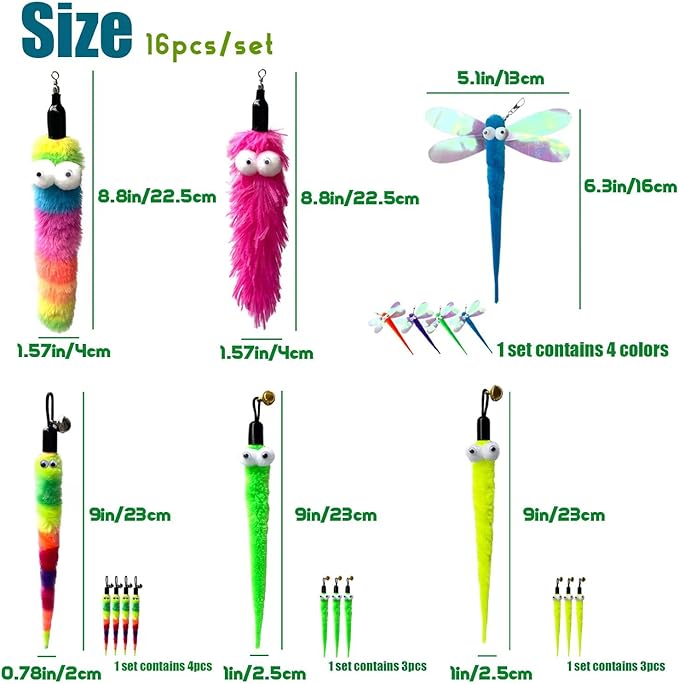 Cat Worm Teaser Toys Wand Attachments Fishing Pole Toy Refill - 16pcs Assorted Cat Worms