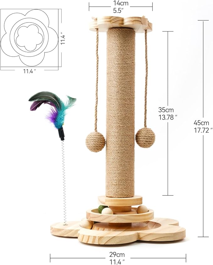 Cat Scratching Post, 4 in 1 Wooden Cat Scratcher Toy, 18.11" Tall Scratch Post with 2 Level Cat Track Balls, Interactive Feather Toy and 2 Sisal Hanging Balls for Indoor Kittens, Adult Cats