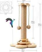 Cat Scratching Post, 4 in 1 Wooden Cat Scratcher Toy, 18.11" Tall Scratch Post with 2 Level Cat Track Balls, Interactive Feather Toy and 2 Sisal Hanging Balls for Indoor Kittens, Adult Cats