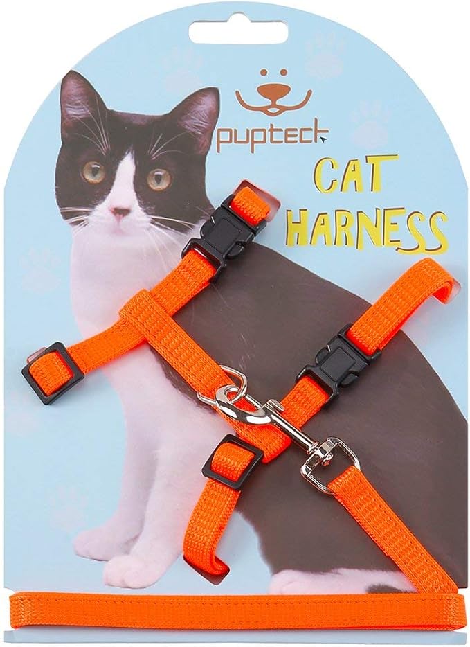PUPTECK Adjustable Cat Harness and Leash Set Escape Proof Kitten Strap Collar for Walking Travel, Orange