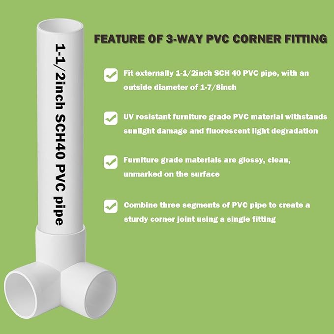 6Pack PVC Fittings 1-1/2Inch 3 Way, Furniture Grade Elbow Pipe Fittings for 1-1/2Inch PVC Pipe, Pipe Fitting Connector for Build Furniture Structures Garden Enclosures Dog Agility Jumps Greenhouse