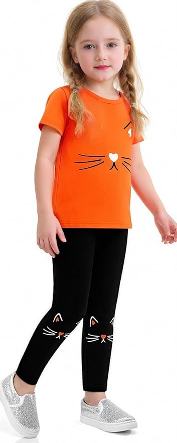 4-8T Toddler Girl Clothes Cat face print Short Sleeve Top+Pants Outfits Girl Spring and summer 2-Piece Set