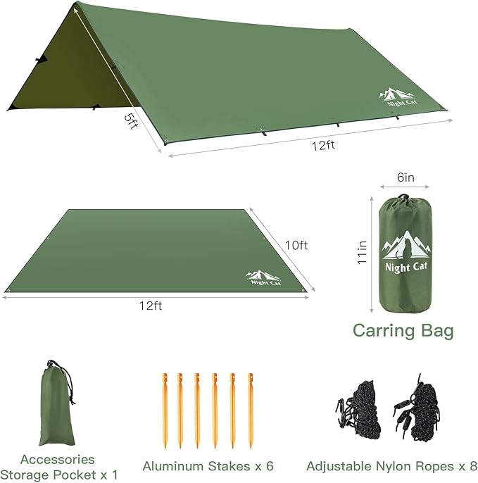 Night Cat Camping Tent Tarp Hammock Rain Fly Sunshade Shelter Tarp Waterproof Portable Lightweight for Outdoor Backpacking Hiking 12x10 ft
