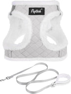PUPTECK Plush Dog Harness and Leash Set for Small Medium Dogs No Pull Step-in Soft Mesh Puppy Cat Winter Vest Harnesses Reflective at Night Warm, Plush Grey, XS