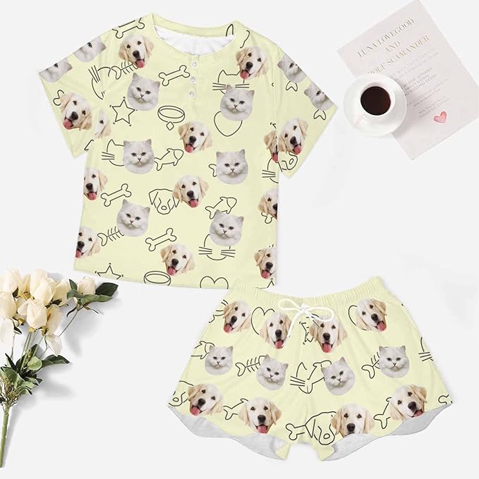 Custom Short Pajamas Set with Face Photo Women‘s Sleepwear Tee Personalized PJ Short Loungewear Set fot Her