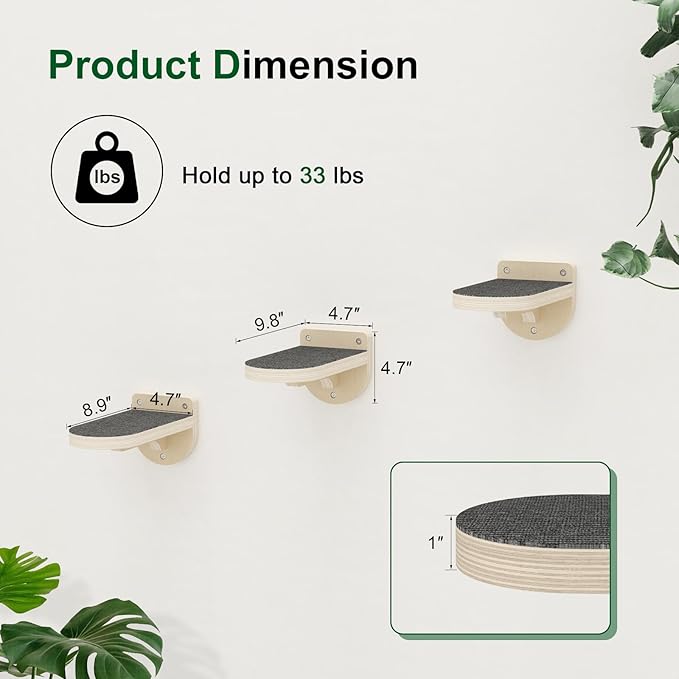 Cat Wall Shelves, 3 in 1 Cat Wall Furniture Set with Non-Slip Carpet, Wooden Wall-Mounted Kitten Climber Shelves for Jumping & Playing