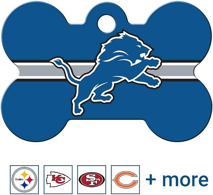 GoTags Personalized Detroit Lions Dog Tag, Brass Metal Bone Shape Pet ID Tag Engraved with Name and Custom Text, Every NFL Football Team Pet Apparel (Large)