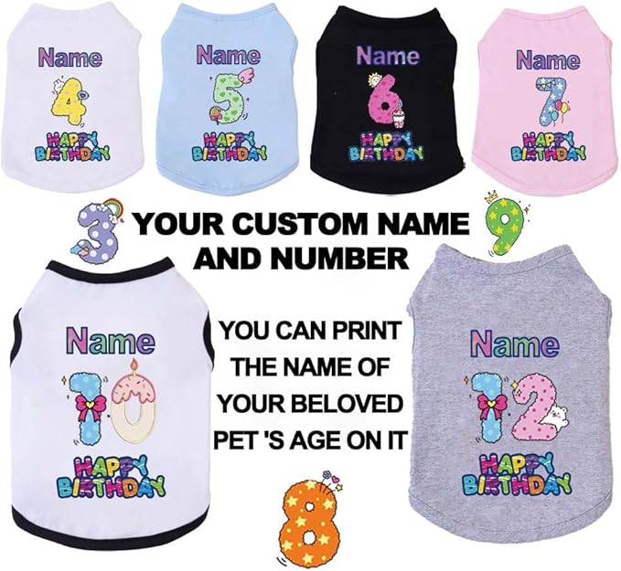 Custom Dog Birthday Shirt,Personalized Pet Apparel Print with Name Age Number,Pet Birthday Outfit,Lightweight Breathable Cotton Vest for Small Medium Large Dogs Cat (Black, 7X-Large)