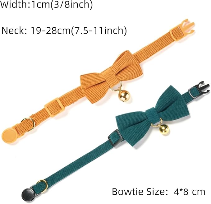 2 Pack Soft Corduroy Cat Collars with Bow Tie & Bell, Adjustable Breakaway Cotton Kitty Bowtie Collar for Girl Boy Kitten (Orange & Green)