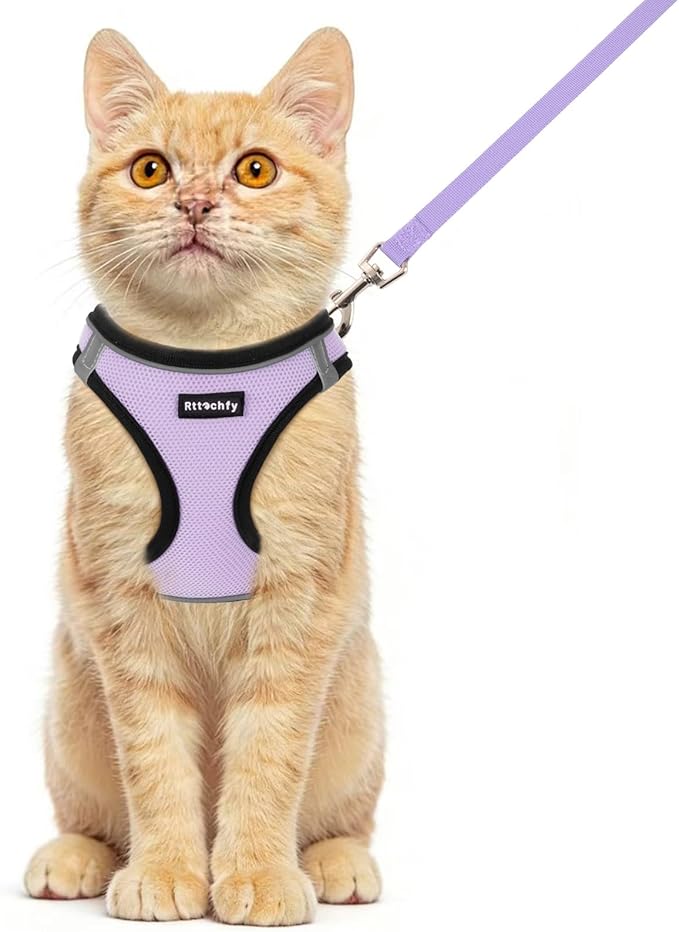 Rttochfy Cat Harness and Leash Set, Escape Proof Kitten Harness, Soft and Breathable Vest with Reflective Strip, Easy to Wear for Cats Walking and Traveling (BK Purple, M)