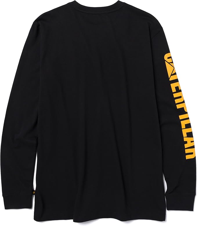 Caterpillar Trademark Banner Long Sleeve Tee Shirts for Men with Center Back Neck Wire Management Loop and Cat Workwear Logo